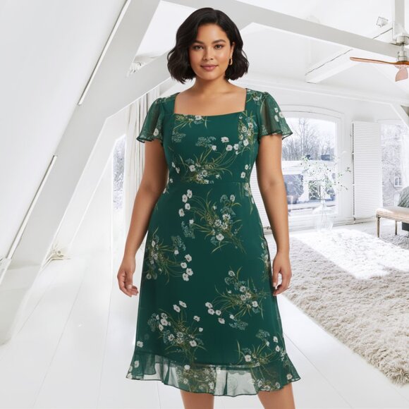 NWT Rihoas 2XL Floral Green Chiffon Stye Flutter Sleeve Square Neck Midi Dress - Picture 1 of 14